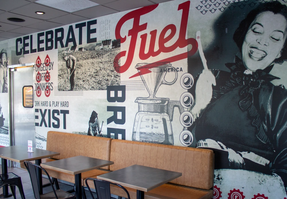 Fuel mural and booth seating inside Fuel America Weymouth