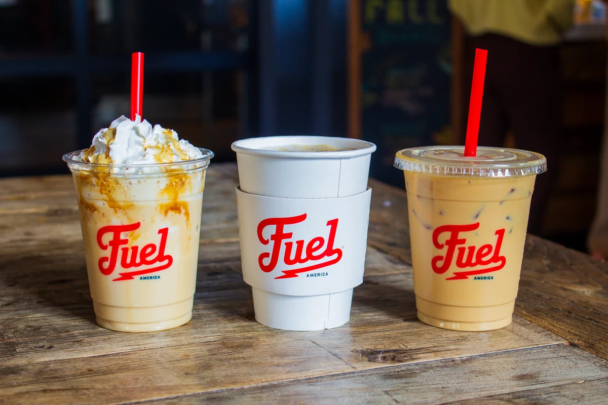 Three Fuel America drinks: a topped iced coffee, hot coffee, and iced latte.